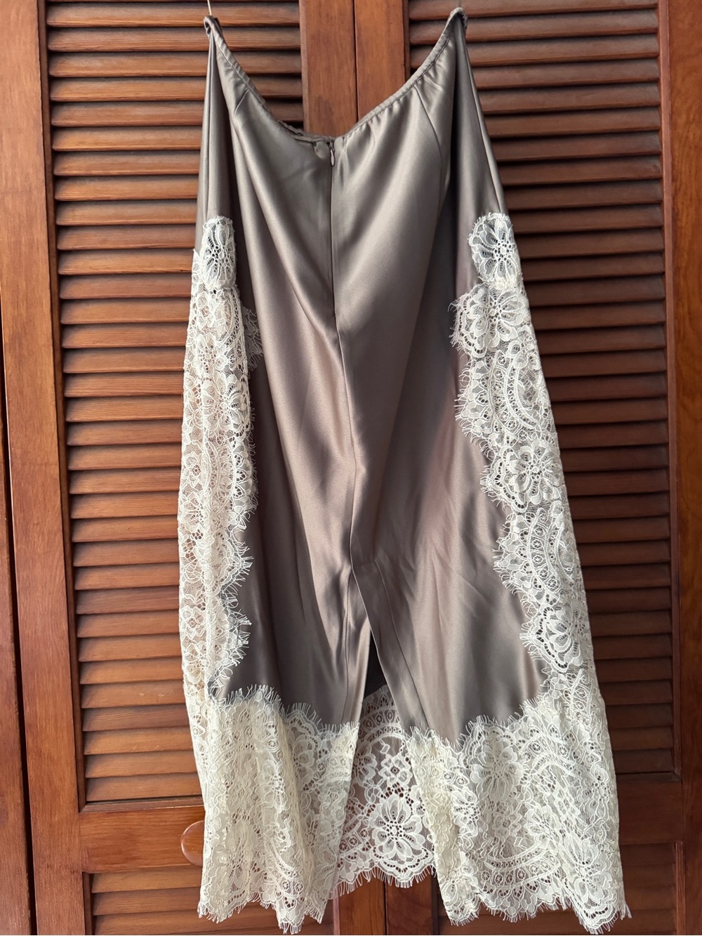 Anthropologie Taupe Satin Midi Slip Skirt with Ivory Lace Trim - Picture 2 of 5